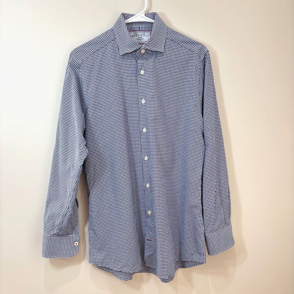 Charles Tyrwhitt Blue White Mini Houndstooth Button Down Shirt Men 15/33 Slim
